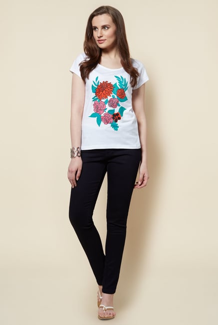 Zudio White Floral Printed Rose T Shirt Zudio White Floral Printed Rose T Shirt