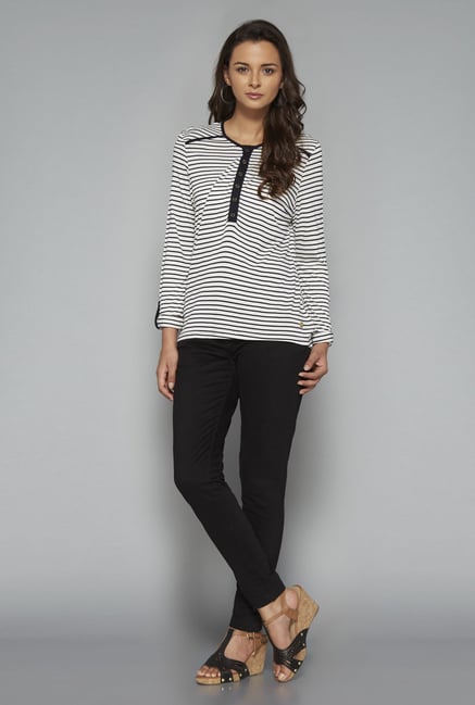 LOV White Round Neck Striped T Shirt LOV White Round Neck Striped T Shirt