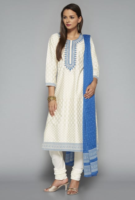 Vark Beige Floral Churidar Suit Set Vark Beige Floral Churidar Suit Set
