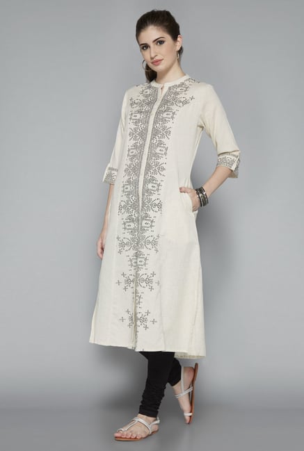 Utsa Beige Printed Band Neck Kurta Utsa Beige Printed Band Neck Kurta