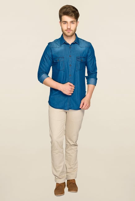 Parx Denim Blue Solid Shirt Parx Denim Blue Solid Shirt
