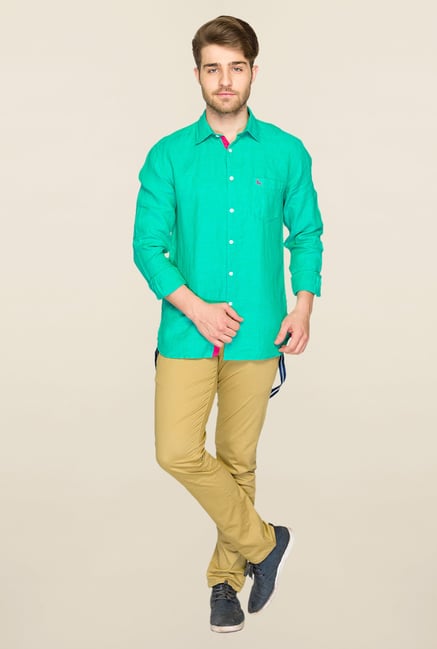 Parx Turquoise Solid Linen Shirt Parx Turquoise Solid Linen Shirt