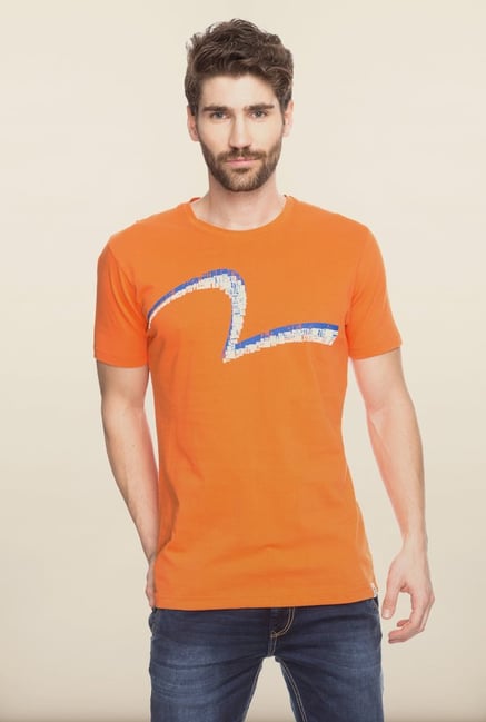 Spykar Orange Printed Slim Fit T shirt Spykar Orange Printed Slim Fit T shirt