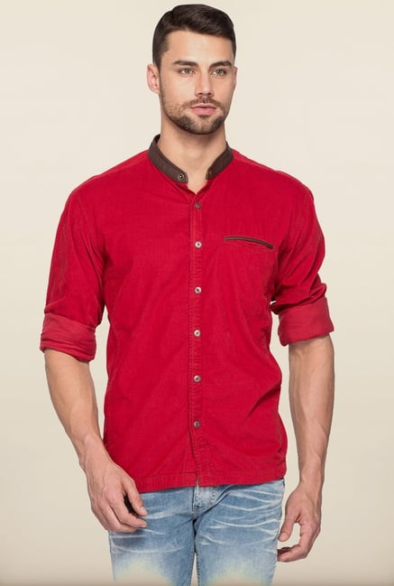 Spykar Red Mandarin Collar Casual Shirt Spykar Red Mandarin Collar Casual Shirt