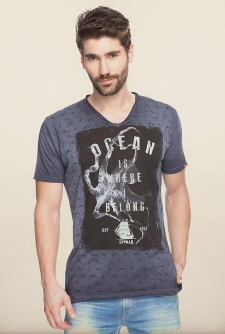 Spykar Grey Graphic Printed Slim Fit T shirt Spykar Grey Graphic Printed Slim Fit T shirt