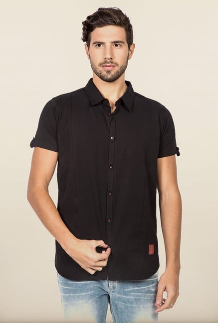 Spykar Black Solid Regular Fit Cotton Shirt Spykar Black Solid Regular Fit Cotton Shirt