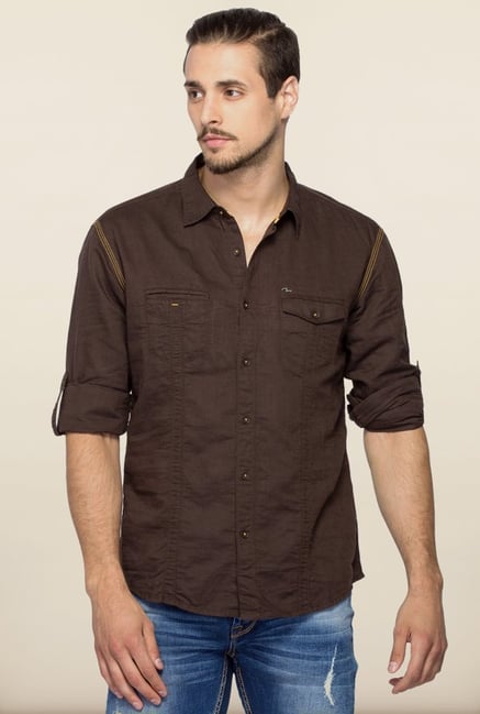 Spykar Chocolate Brown Solid Shirt Spykar Chocolate Brown Solid Shirt