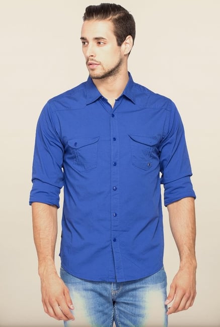 Spykar Royal Blue Solid Casual Shirt Spykar Royal Blue Solid Casual Shirt