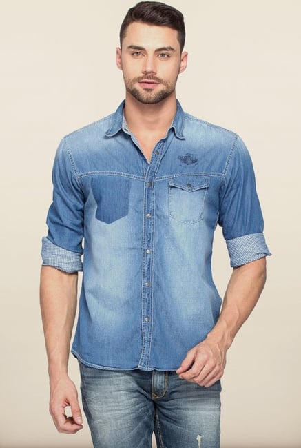Spykar Blue Solid Regular Fit Shirt Spykar Blue Solid Regular Fit Shirt