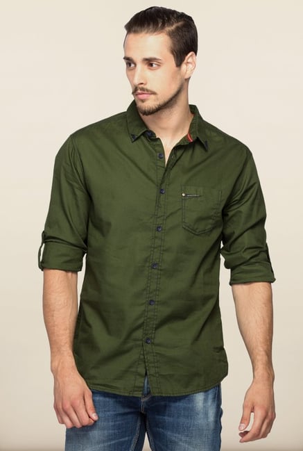 Spykar Green Solid Casual Shirt Spykar Green Solid Casual Shirt