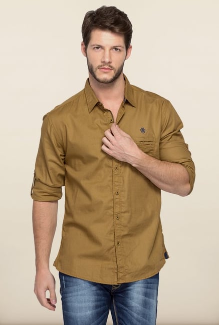 Spykar Khaki Solid Casual Shirt Spykar Khaki Solid Casual Shirt
