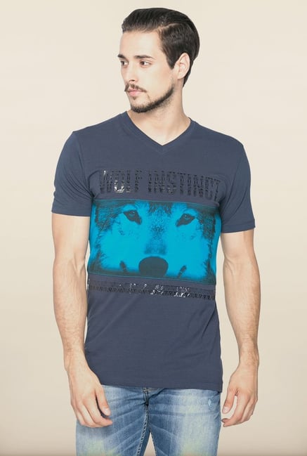 Spykar Navy Slim Fit Printed T shirt Spykar Navy Slim Fit Printed T shirt