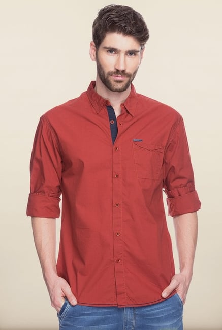 Spykar Red Solid Regular Fit Shirt Spykar Red Solid Regular Fit Shirt