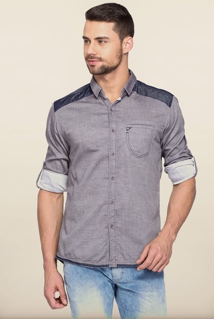 Spykar Light Grey Solid Casual Shirt Spykar Light Grey Solid Casual Shirt