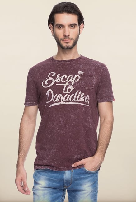 Spykar Maroon Printed T shirt Spykar Maroon Printed T shirt
