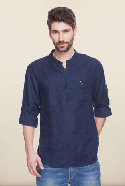 Spykar Navy Mandarin Collar Casual Shirt Spykar Navy Mandarin Collar Casual Shirt