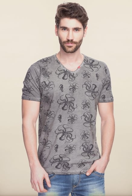 Spykar Grey Printed Cotton T shirt Spykar Grey Printed Cotton T shirt