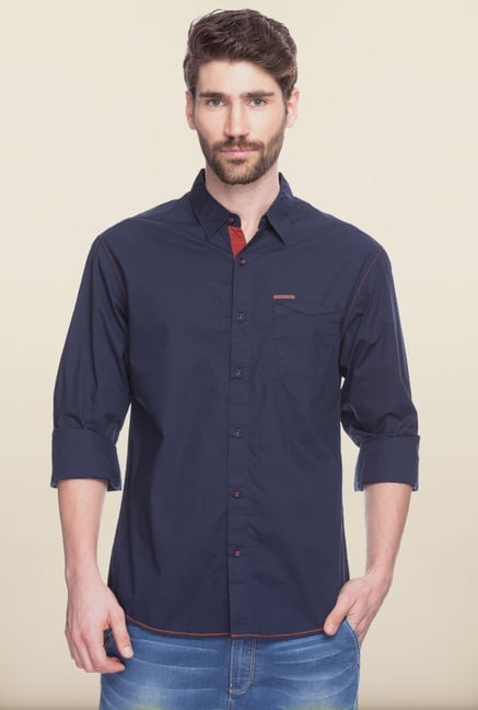 Spykar Navy Solid Casual Shirt Spykar Navy Solid Casual Shirt