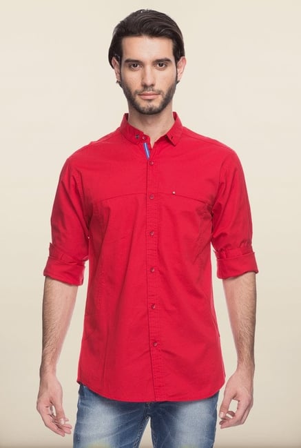 Spykar Red Solid Cotton Shirt Spykar Red Solid Cotton Shirt