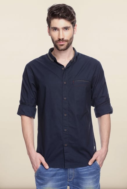 Spykar Navy Mandarin Collar Shirt Spykar Navy Mandarin Collar Shirt