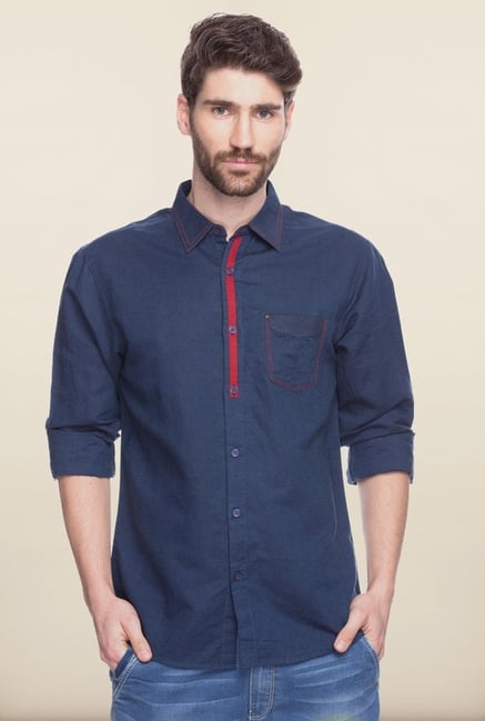 Spykar Navy Solid Cotton Shirt Spykar Navy Solid Cotton Shirt