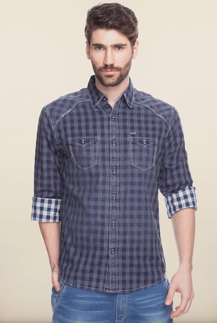 Spykar Dark Grey Checks Cotton Shirt Spykar Dark Grey Checks Cotton Shirt