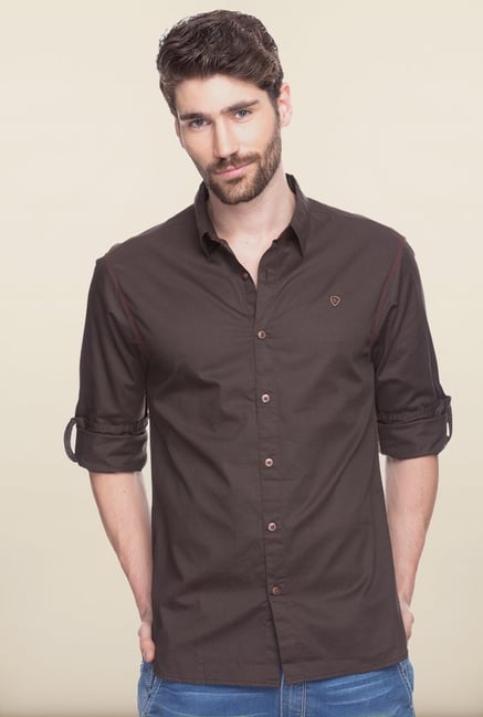 Spykar Brown Solid Casual Shirt Spykar Brown Solid Casual Shirt