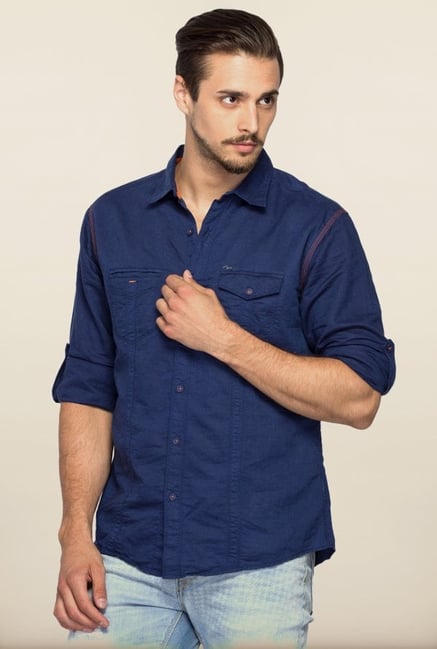 Spykar Navy Regular Fit Shirt Spykar Navy Regular Fit Shirt