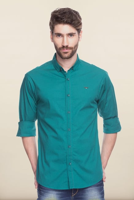 Spykar Teal Solid Casual Shirt Spykar Teal Solid Casual Shirt