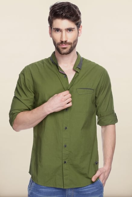 Spykar Olive Solid Casual Shirt Spykar Olive Solid Casual Shirt