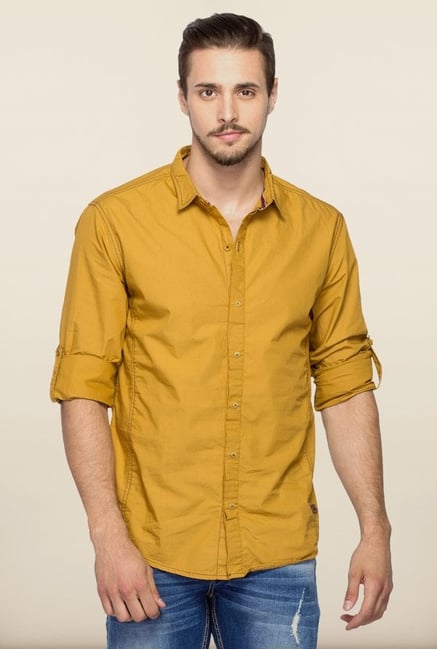 Spykar Khaki Solid Cotton Shirt Spykar Khaki Solid Cotton Shirt
