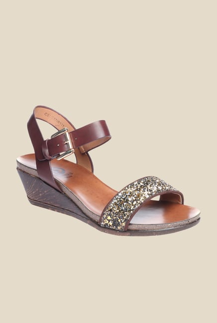 Pavers England Coffee & Golden Ankle Strap Wedges Pavers England Coffee & Golden Ankle Strap Wedges
