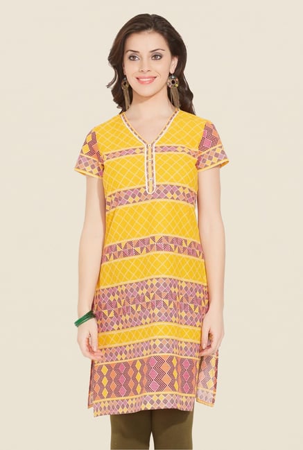 Aurelia Yellow Printed V Neck Kurta Aurelia Yellow Printed V Neck Kurta