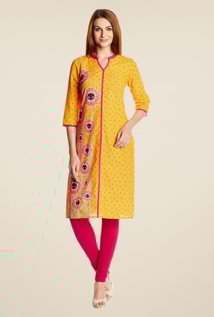 Aurelia Yellow Band Neck Printed Kurta Aurelia Yellow Band Neck Printed Kurta