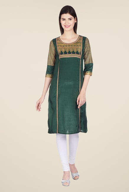 Aurelia Green Printed Round Neck Kurta Aurelia Green Printed Round Neck Kurta