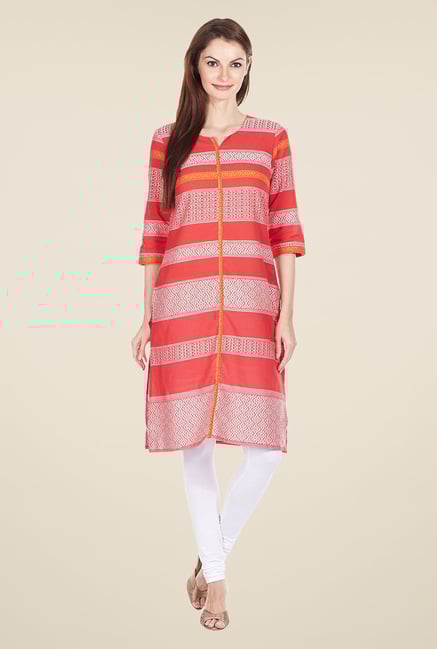 Aurelia Red Printed Round Neck Kurta Aurelia Red Printed Round Neck Kurta