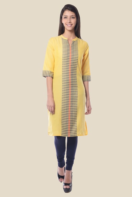 Aurelia Yellow Band Neck Regular Fit Kurta Aurelia Yellow Band Neck Regular Fit Kurta