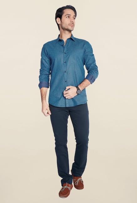 Parx Dark Blue Printed Linen Shirt Parx Dark Blue Printed Linen Shirt