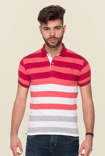 Mufti Peach Striped Polo T Shirt Mufti Peach Striped Polo T Shirt