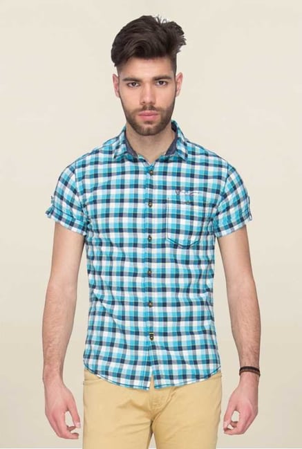 Mufti Turquoise Checks Half Sleeves Shirt Mufti Turquoise Checks Half Sleeves Shirt