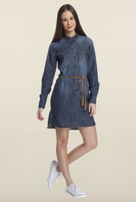 Only Blue Solid Denim Casual Dress Only Blue Solid Denim Casual Dress
