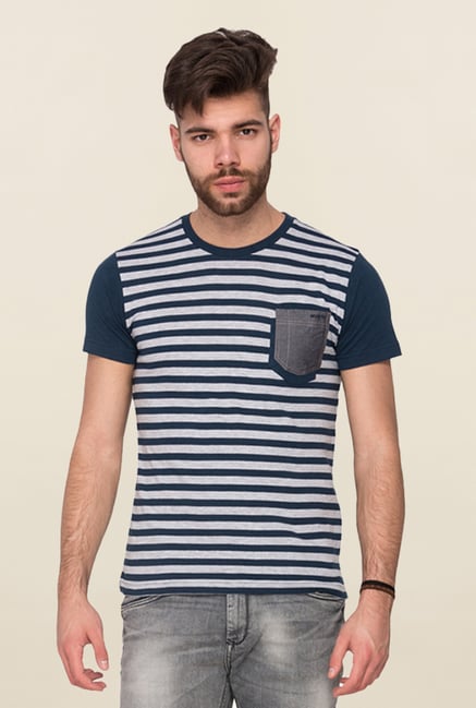 Mufti Navy & Grey Striped T Shirt Mufti Navy & Grey Striped T Shirt