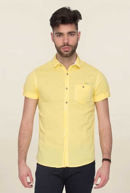 Mufti Yellow Solid Half Sleeves Shirt Mufti Yellow Solid Half Sleeves Shirt