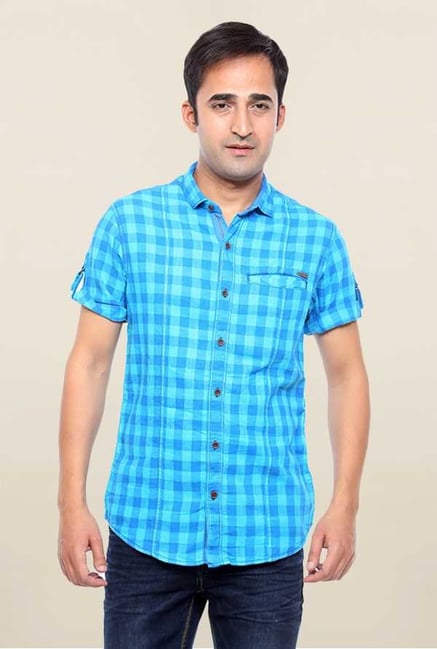 Mufti Turquoise Checks Slim Fit Shirt Mufti Turquoise Checks Slim Fit Shirt