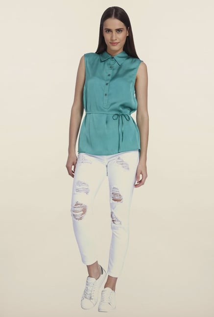 Vero Moda Teal Solid Casual Shirt Vero Moda Teal Solid Casual Shirt
