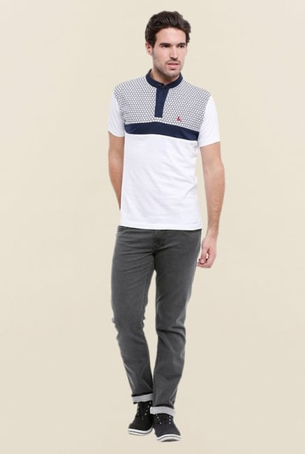 Parx White & Blue Printed Henley Neck T Shirt Parx White & Blue Printed Henley Neck T Shirt