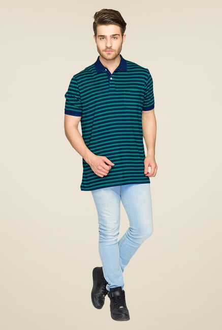 ColorPlus Green & Blue Striped Polo T Shirt ColorPlus Green & Blue Striped Polo T Shirt