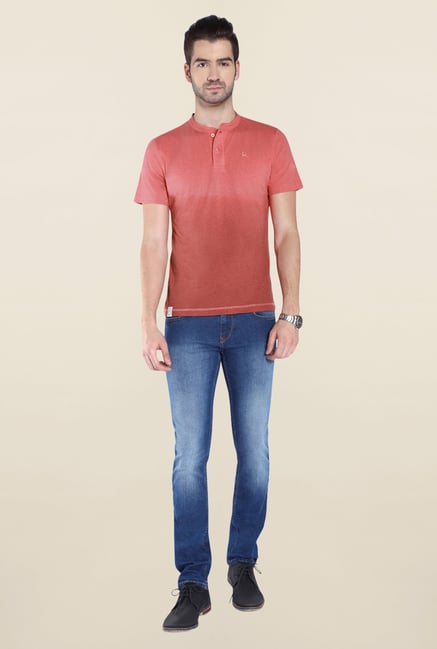 Parx Red Ombre Henley Neck T Shirt Parx Red Ombre Henley Neck T Shirt
