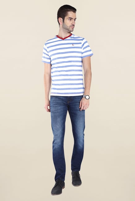 Parx Blue & White Striped V Neck T Shirt Parx Blue & White Striped V Neck T Shirt