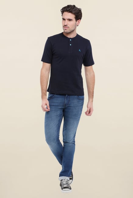 Parx Dark Blue Solid Henley Neck T Shirt Parx Dark Blue Solid Henley Neck T Shirt
